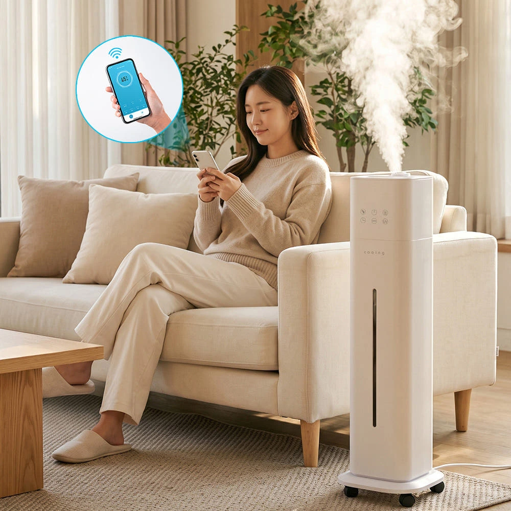 쿠잉 UV살균 초음파+가열 복합식 가습기 HDT-S10W 대용량10L 타워형 스마트폰 제어 실제 상품 이미지